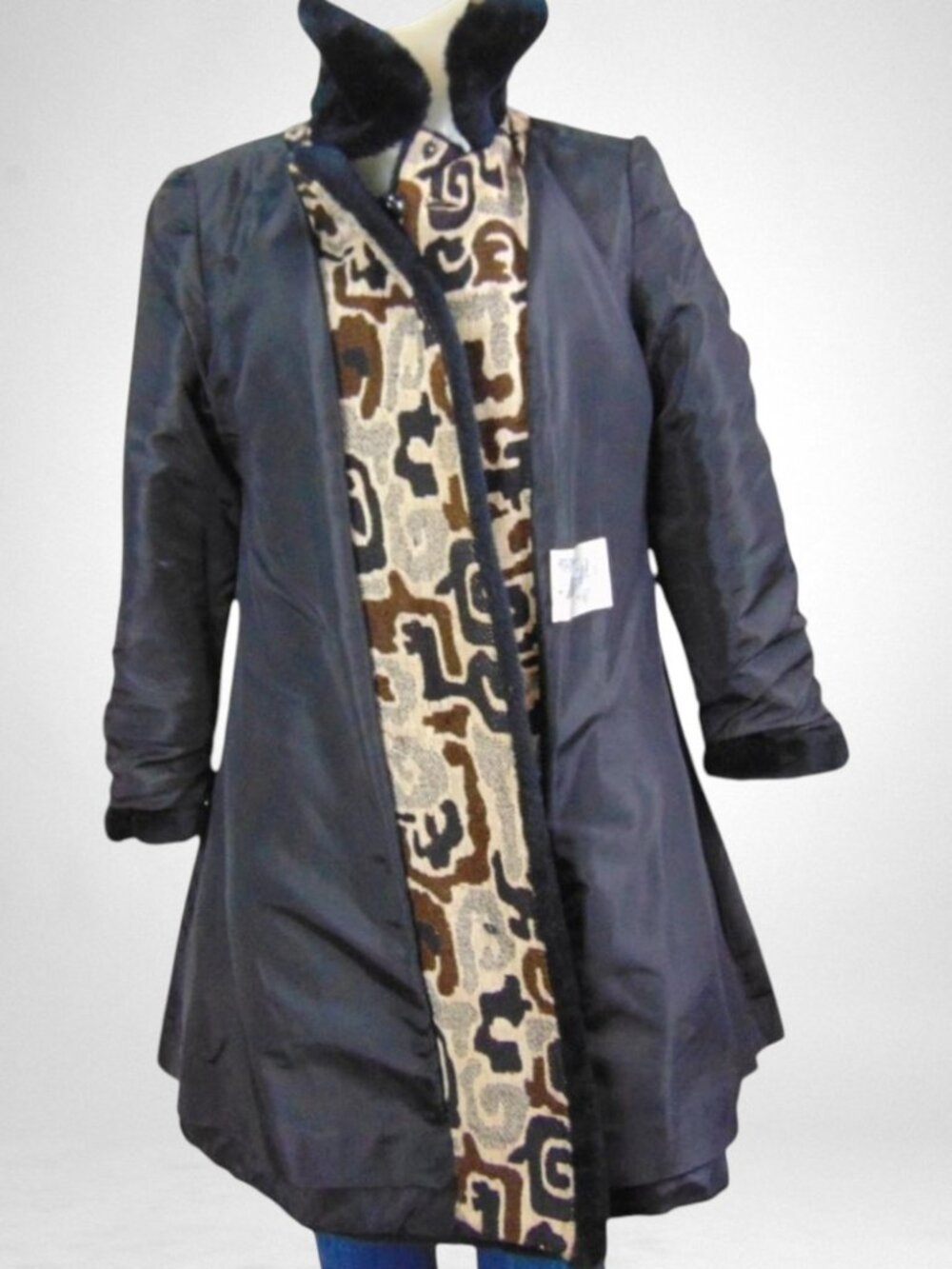 Vintage 1960s Mar-Del by Rice Jacquard Coat Faux Fur Trim A-Line Mod Statement M - Picture 10 of 13